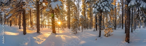 Snow-covered pine trees in the forest at sunrise, with sunlight filtering through branches.