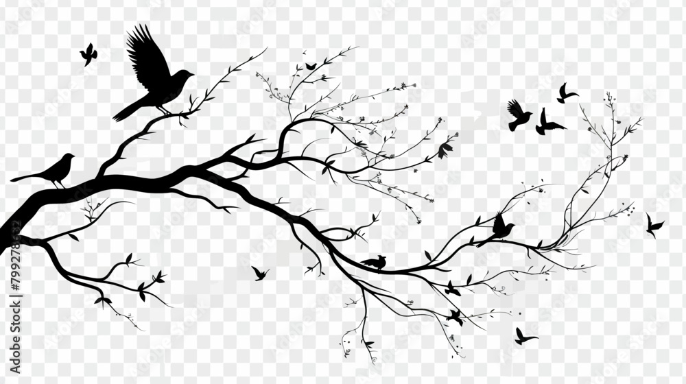 a tree branch with birds flying around it