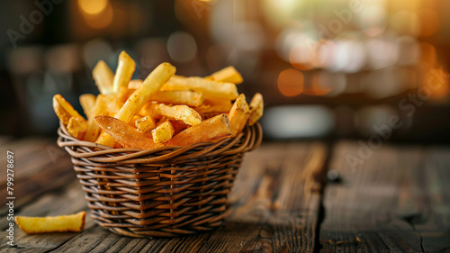 A basket of golden  crispy French fries served on a rustic wooden table in a cozy  dimly lit caf  . Ai generated