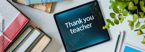 The text Thank you teacher written on an Pad screen, with a white desk background featuring books and plant decorations, taken from a top view. photo