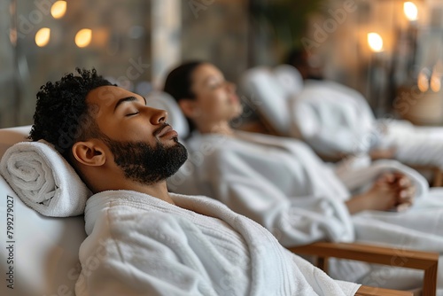 A group of people are relaxing in a spa room, wearing bathrobes with their eyes closed and lying on comfortable chairs in a hotel wellness or spa center.