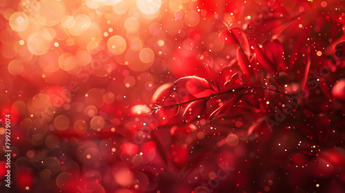 Ruby red particles twinkle amidst a blurred environment  evoking feelings of passion and intensity.