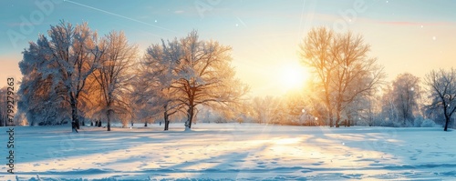 winter landscape with snow covered fields, trees covered in frost and the sun setting behind them with long shadow and sun light