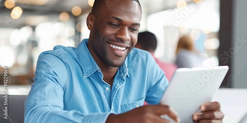 Happy black man reviews data analysis, social media analytics, or customer experience information on tablet. Brand monitoring software, ecommerce UI, and online feedback worker photo