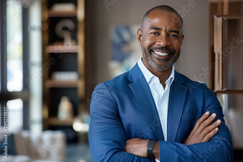 Happy black man, arms crossed or corporate inspiration photo about us or profile image. Smile, confident or mature manager, success mindset, CEO introduction