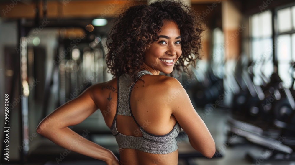 Fototapeta premium Black woman smiling and stretching in gym for fitness, wellbeing, and cardiac performance. Sports happiness, African athlete, running warm-up or motivating success