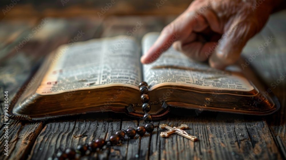 Obraz premium Reading the bible with a rosary cross for prayer, spiritual faith, and holy worship. Closeup of Christian studying religion, gospel prayer books, and praising Jesus.