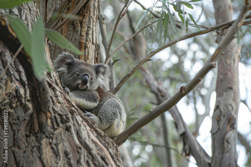 Koala bear on eucalyptus tree branch in rainforest habitat. Endangered animal in wildlife. Cute lazy bear with funny muzzle