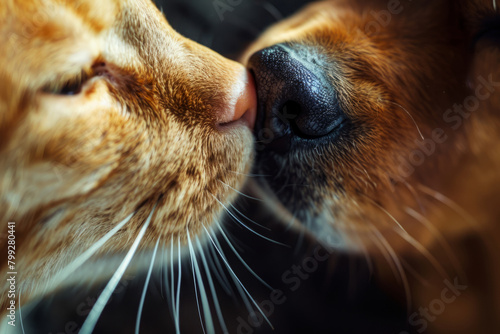 Cat and dog next to each other gently touch their noses. Friendship between pets. Love and romantic emotions