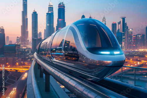 Modern train rushes along overpass with high rise buildings in background. Futuristic public transport. photo