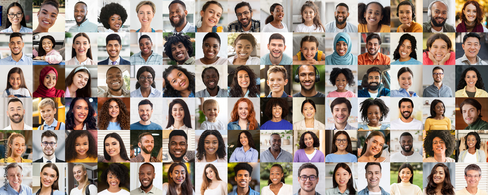 Multiracial people face collage on light backdrop Multiracial people face collage on light backdrop