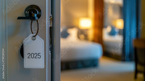Close up of a white hotel room door tag with the number 2025 hanging on the handle in a luxury, modern hotel photo
