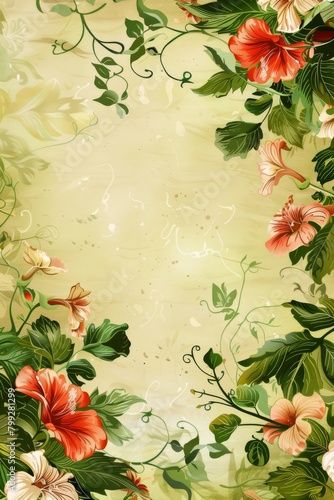 Flowers and Leaves on a Green Background