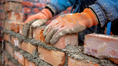 Closeup of hands wearing gloves, laying bricks with cement on top of each other to build the wall.