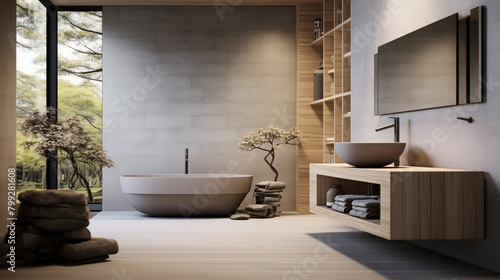 Minimalist bathroom design with a Scandinavian-Japanese fusion aesthetic.