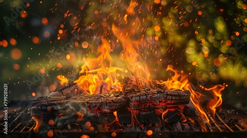 Close-up of blazing fire with flying sparks photo