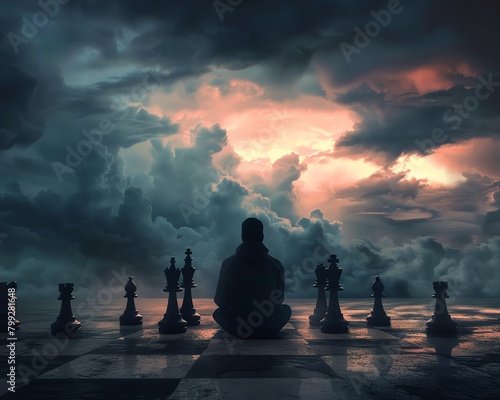 A chess player in deep thought, pieces set against a backdrop of a stormy sky, symbolizing strategic overcoming of challenges