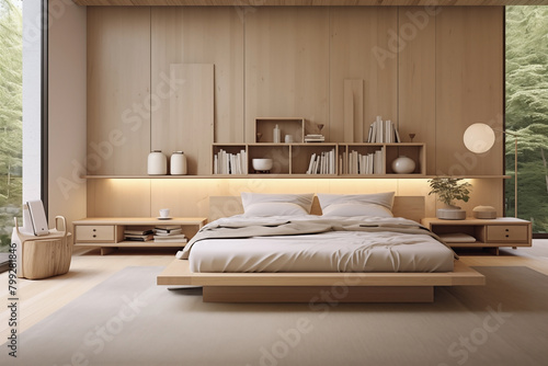 Minimalist bedroom design with a Scandinavian-Japanese fusion aesthetic.