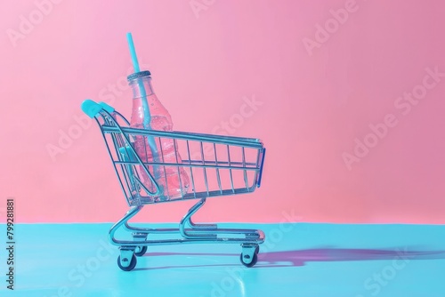 A shopping cart with a pink drink bottle and blue straw on a summery blue background photo