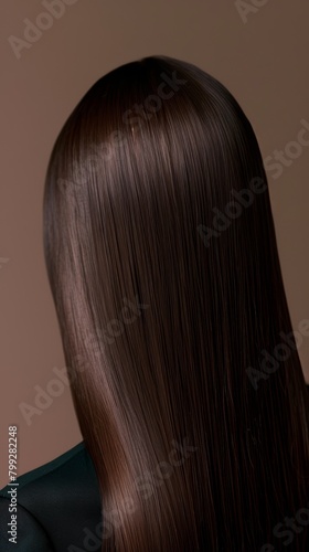 Woman headshot, back, brown hair style in studio keratin, Brazilian dye, or wellness. Zoom, texture, and straight brunette strands on healthy-growing model.