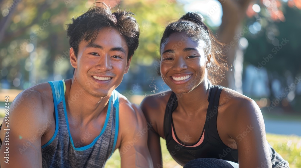 Young black woman and Asian man relax after mountain hike. Hiking is a free approach to see a landscape and Earth's natural beauty.