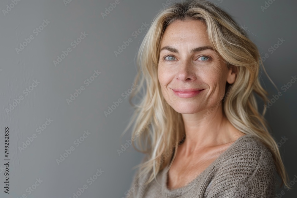 Skincare, anti-aging, and gorgeous mature woman smiling on gray background. Beauty, fashion, and skin care for a middle-aged American woman with wrinkles and clean skin. Skincare, anti-aging, and gorgeous mature woman smiling on gray background. Beauty, fashion, and skin care for a middle-aged American woman with wrinkles and clean skin.