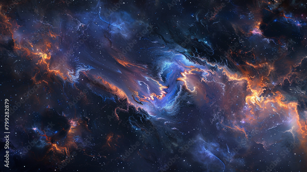 Ribbons of light weaving through the darkness of space, painting a mesmerizing nebula against a canvas of midnight blue, a celestial spectacle of beauty and wonder.