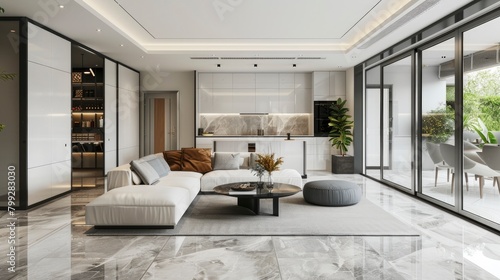 Modern living area including sliding doors, a white sofa and coffee table, and a kitchen-inspired wall mockup frame in the background