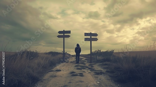 A person standing at a crossroads with multiple signs pointing in different directions, decisionmaking theme photo
