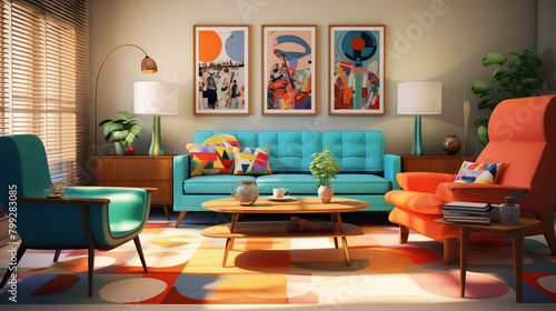Retro, vintage living room decor with vibrant color tones. © Jaroon