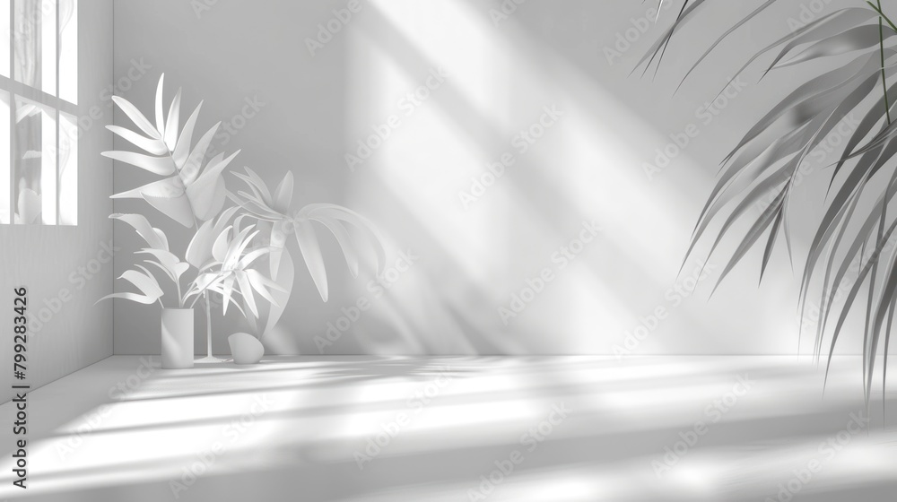 Abstract white studio background for product presentation with green tropical trees and tropical sun Shadow on the wall Abstract white studio background for product presentation with green tropical trees and tropical sun Shadow on the wall