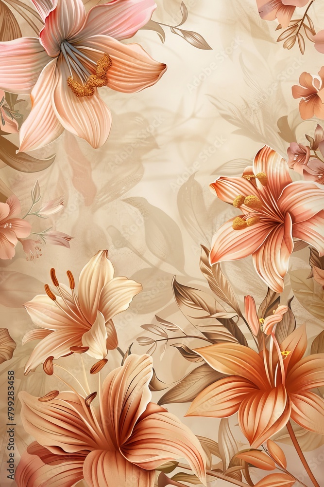 Elegant Floral Wallpaper With Pink Flowers and Leaves Elegant Floral Wallpaper With Pink Flowers and Leaves