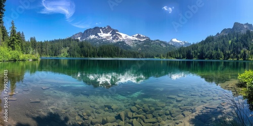 panoramic view of a lake and mountain with a snow capped peak reflected in clear blue water  and a thick forest on one side