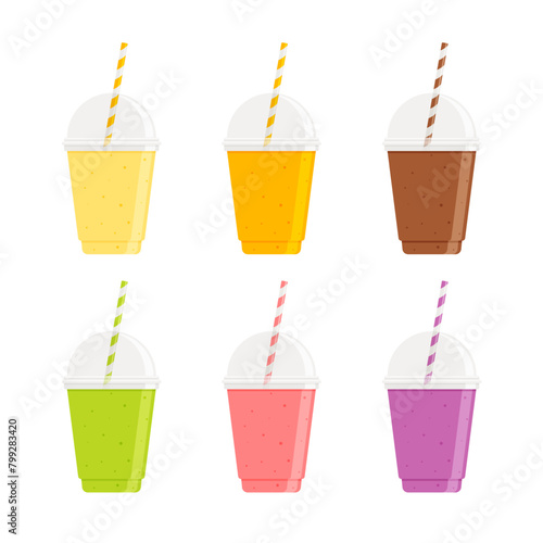 Set of fruit smoothie and milkshake in various flavors with striped straws. Flat icon set isolated on white background. Healthy beverage concept for design of menu, poster, banner