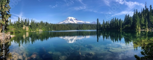 panoramic view of a lake and mountain with a snow capped peak reflected in clear blue water, and a thick forest on one side