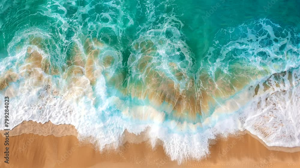 Aerial view with waves in the background on a beach in summer. looping time-lapse video Aerial view with waves in the background on a beach in summer. looping time-lapse video