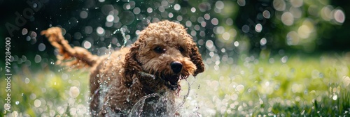 Poodle playing with water from a sprinkler in the garden  a summer fun activity for the dog at home