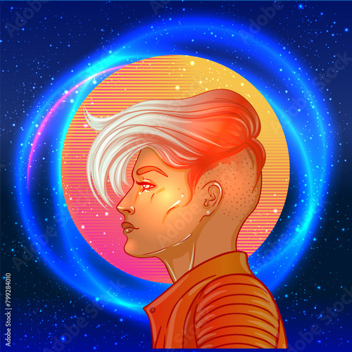 Portrait of a young pretty androgynous woman with short shaved pixie undercut in retro futurism style. Vector illustration in neon bright colors. Dyed short hair. futuristic synth wave flyer template