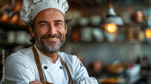Photo portrait of a smiley Chef with kitchen in background