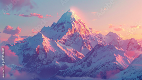 Render a mountain landscape with the sunset gradient casting vibrant hues across the peaks and valleys. photo