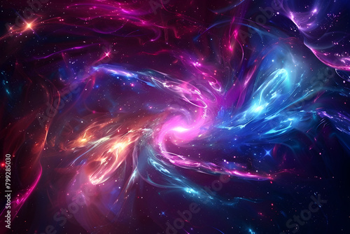 Luminous neon ethereal galaxy with swirling patterns and glowing lights. Enchanting artwork on black background.