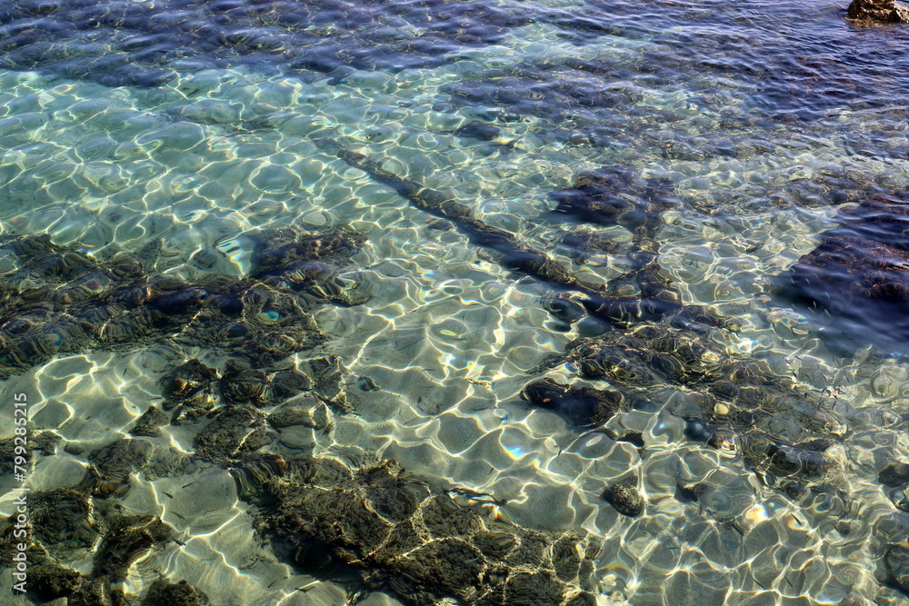 The color of water in the Mediterranean Sea in shallow water. Natural abstract background. The color of water in the Mediterranean Sea in shallow water. Natural abstract background.