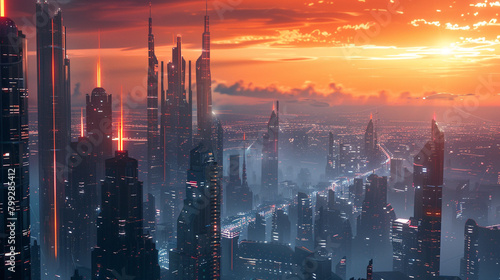 Render a futuristic cityscape with sleek skyscrapers towering against the dramatic backdrop of the sunset gradient. photo