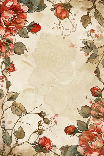 Floral Frame With Red Flowers on Beige Background