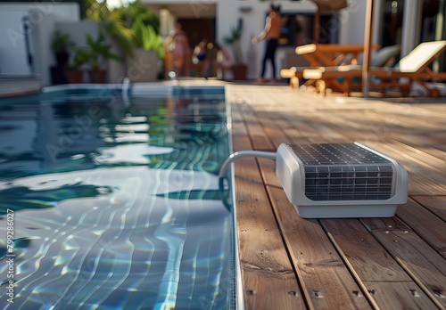 Solar-Powered Pool Efficiency  Modern Pump System with Wooden Deck and Blurry Crowd