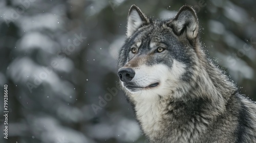 A wolf gazes around snowy terrain