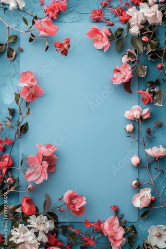 Blue Background With Pink and White Flowers