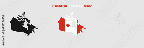 Canada Map Vector Pack. Map with Flag. Gray Map Silhouette. Gray Outline Map. Editable EPS file. 