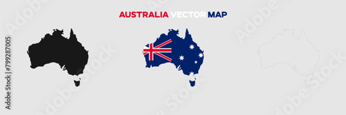 Australia Map Vector Pack. Map with Flag. Gray Map Silhouette. Gray Outline Map. Editable EPS file. 