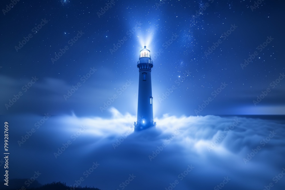 Lighthouse Tower Emerging Above Sea of Clouds